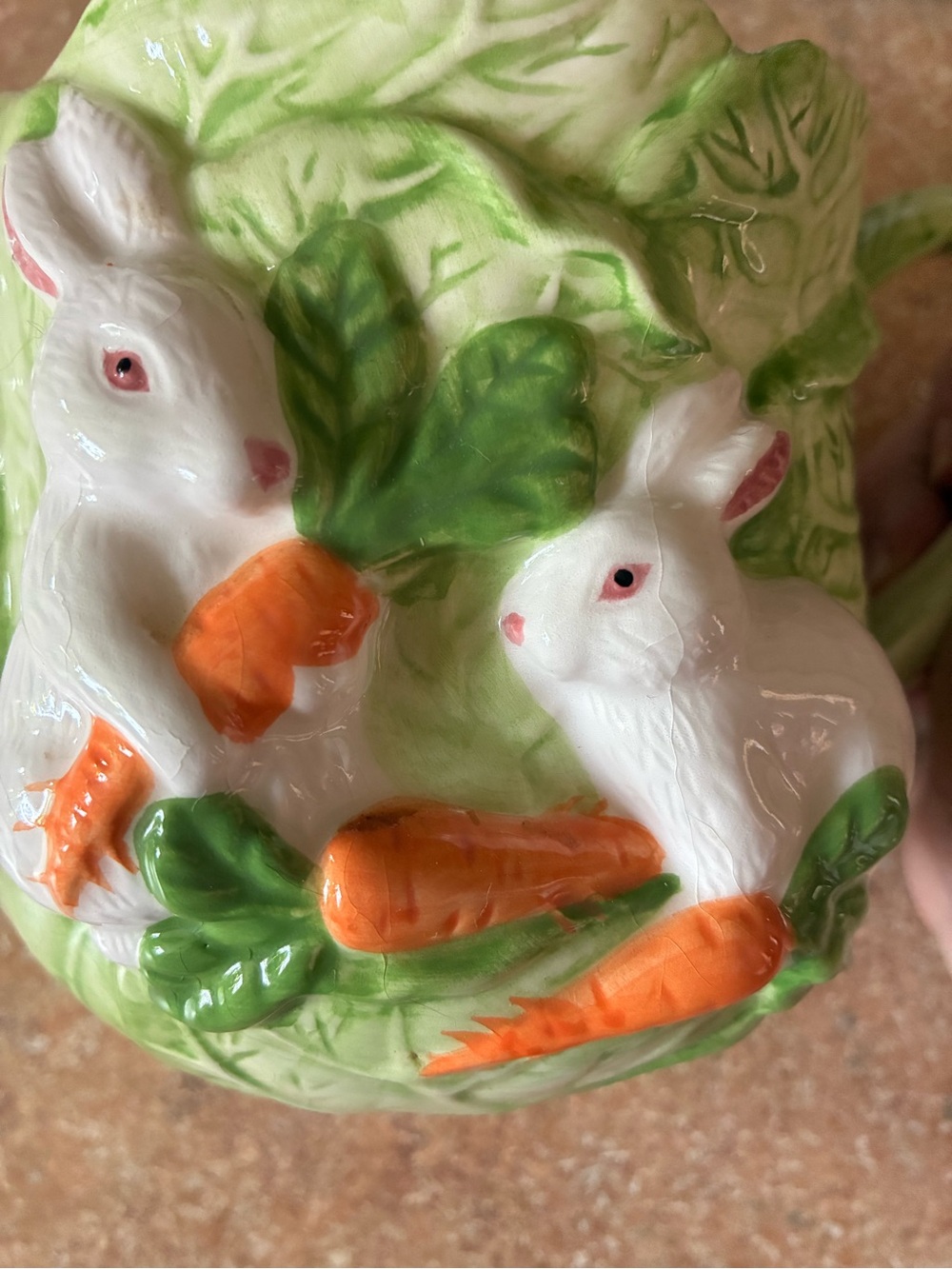 Asia Master Bunny Ceramic Pot with Green Leaves and Orange Carrot Accents